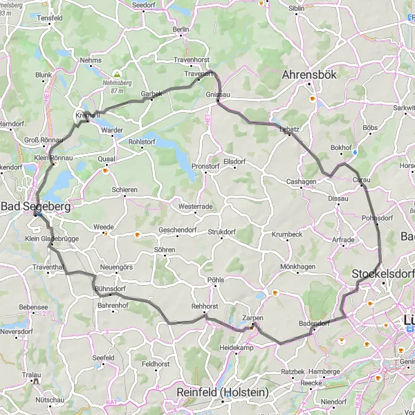 Karten-Miniaturansicht der Radinspiration "Rundtour um Bad Segeberg - Wardersee, Gnissau, Curau" in Schleswig-Holstein, Germany. Erstellt vom Tarmacs.app-Routenplaner für Radtouren