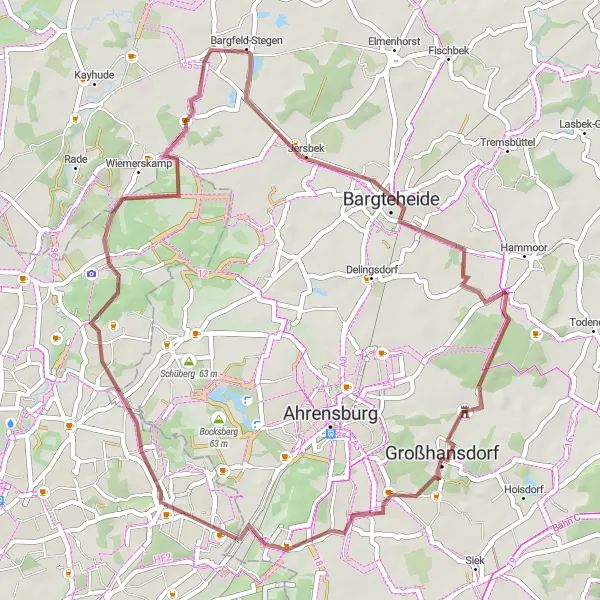 Map miniature of "Bargteheide to Pfingsthorst Gravel Cycling Route" cycling inspiration in Schleswig-Holstein, Germany. Generated by Tarmacs.app cycling route planner