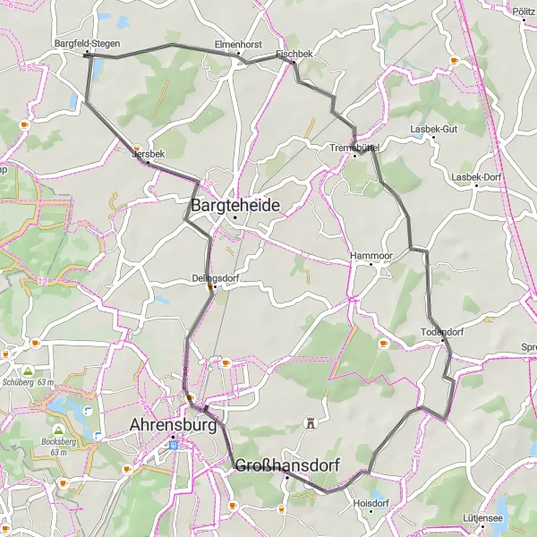 Map miniature of "Tremsbüttel to Jersbek Road Cycling Route" cycling inspiration in Schleswig-Holstein, Germany. Generated by Tarmacs.app cycling route planner