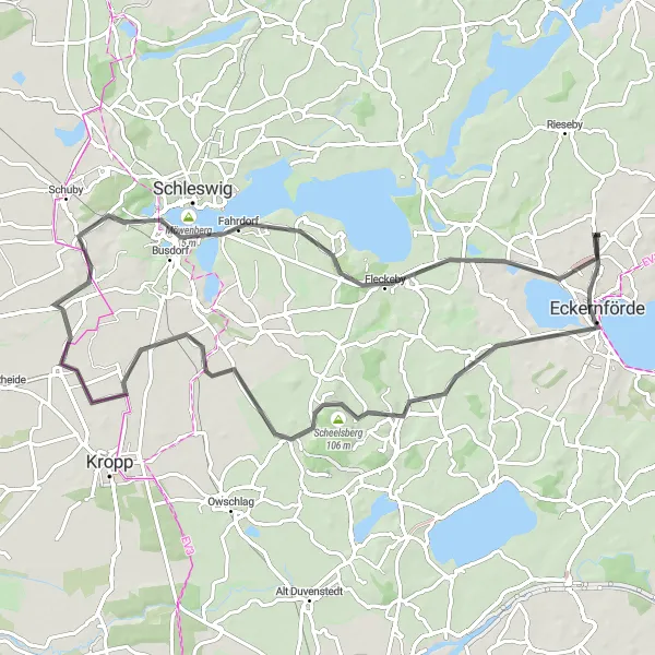 Map miniature of "Barkelsby - Eckernförde - Hütten - Scheelsberg - Möwenberg - Güby - Schnaap" cycling inspiration in Schleswig-Holstein, Germany. Generated by Tarmacs.app cycling route planner