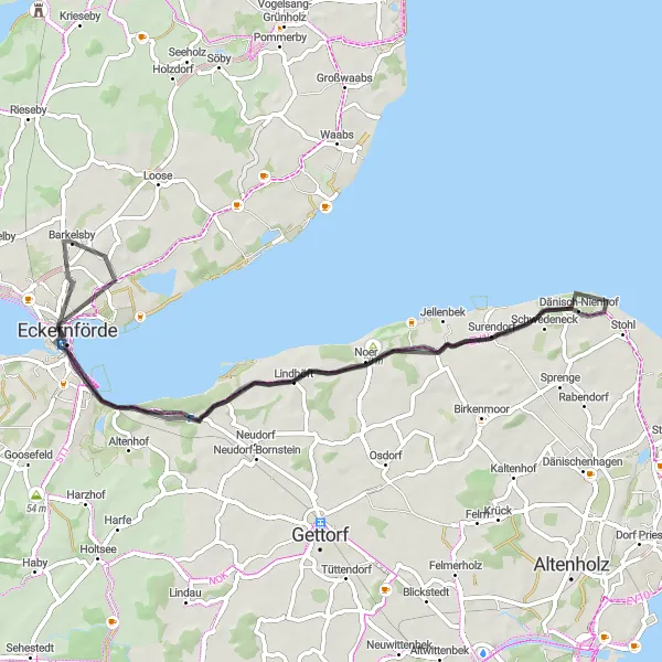 Map miniature of "Barkelsby - Borby - Jellenbek - Eckernförde - Kasmark" cycling inspiration in Schleswig-Holstein, Germany. Generated by Tarmacs.app cycling route planner