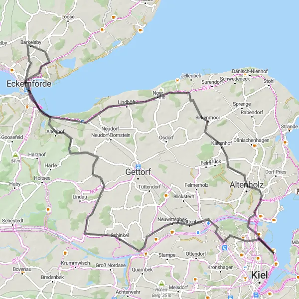 Map miniature of "Barkelsby - Holtenau - Wiker Balkon - Neuwittenbek - Altenhof" cycling inspiration in Schleswig-Holstein, Germany. Generated by Tarmacs.app cycling route planner
