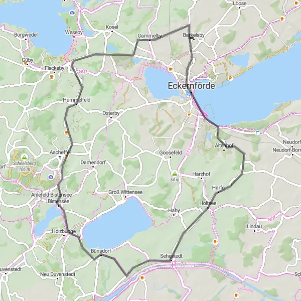 Map miniature of "Barkelsby - Altenhof - Holtsee - Bünsdorf - Aschberg - Gammelby" cycling inspiration in Schleswig-Holstein, Germany. Generated by Tarmacs.app cycling route planner