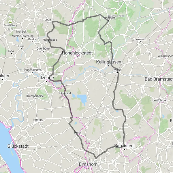 Map miniature of "Breitenburg Castle and Countryside Circuit" cycling inspiration in Schleswig-Holstein, Germany. Generated by Tarmacs.app cycling route planner