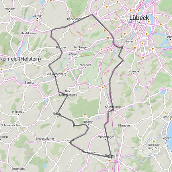 Karten-Miniaturansicht der Radinspiration "Kurze Straßenradtour durch Grinau und Krummesse" in Schleswig-Holstein, Germany. Erstellt vom Tarmacs.app-Routenplaner für Radtouren