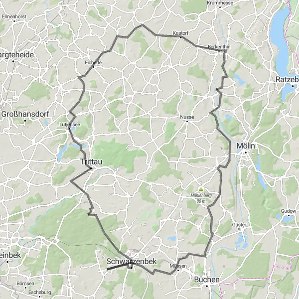 Map miniature of "Schwarzenbek Road Loop" cycling inspiration in Schleswig-Holstein, Germany. Generated by Tarmacs.app cycling route planner