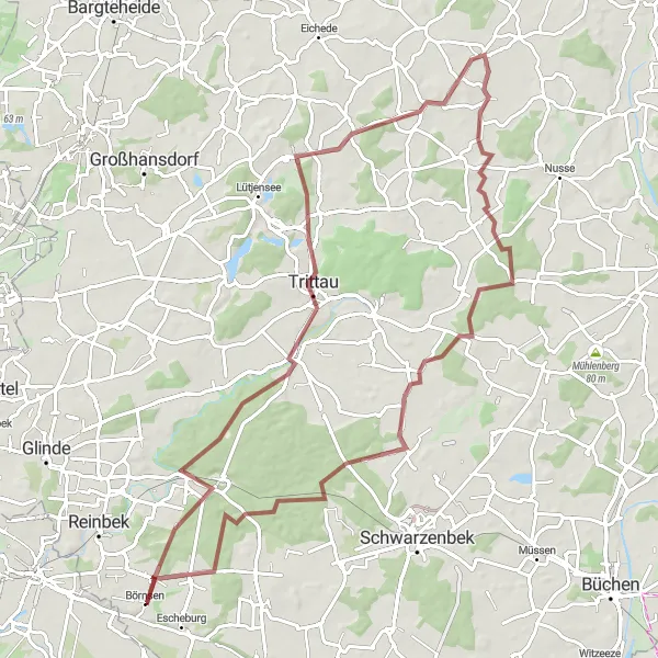 Map miniature of "Extended Börnsen Gravel Adventure" cycling inspiration in Schleswig-Holstein, Germany. Generated by Tarmacs.app cycling route planner