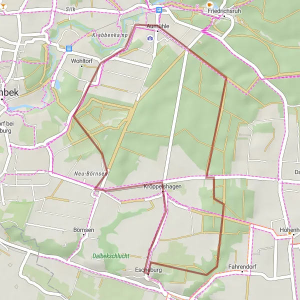 Map miniature of "Börnsen - Escheburg - Bismarckturm Aumühle - Fahrendorf" cycling inspiration in Schleswig-Holstein, Germany. Generated by Tarmacs.app cycling route planner