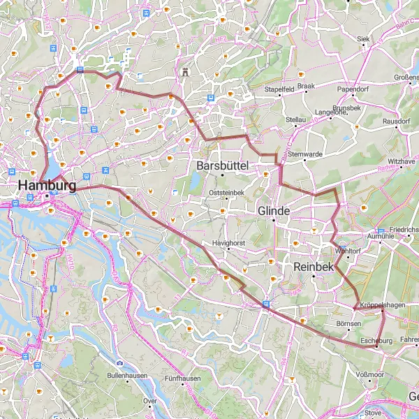 Map miniature of "Börnsen - Hamburg - St. Petri - Ohlsdorf - Landschaftsturm - Neuschönningstedt - Kröppelshagen" cycling inspiration in Schleswig-Holstein, Germany. Generated by Tarmacs.app cycling route planner