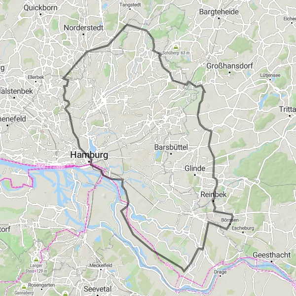Map miniature of "Börnsen - Neuengamme - Rothenburgsort - Himmelsberg - Lokstedt - Landebahn Einflugschneise - Duvenstedt - Mellenberg - Stapelfeld - Reinbek" cycling inspiration in Schleswig-Holstein, Germany. Generated by Tarmacs.app cycling route planner