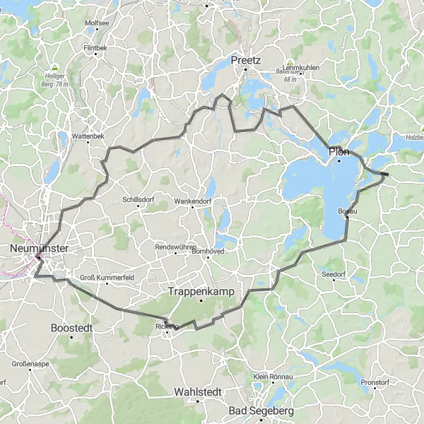 Karten-Miniaturansicht der Radinspiration "Road-Tour durch die Region Bösdorf" in Schleswig-Holstein, Germany. Erstellt vom Tarmacs.app-Routenplaner für Radtouren