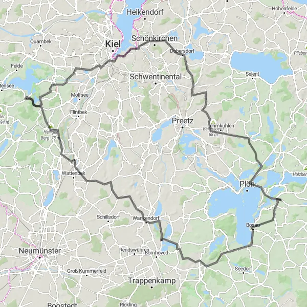 Karten-Miniaturansicht der Radinspiration "Von Schmalensee nach Kiel" in Schleswig-Holstein, Germany. Erstellt vom Tarmacs.app-Routenplaner für Radtouren