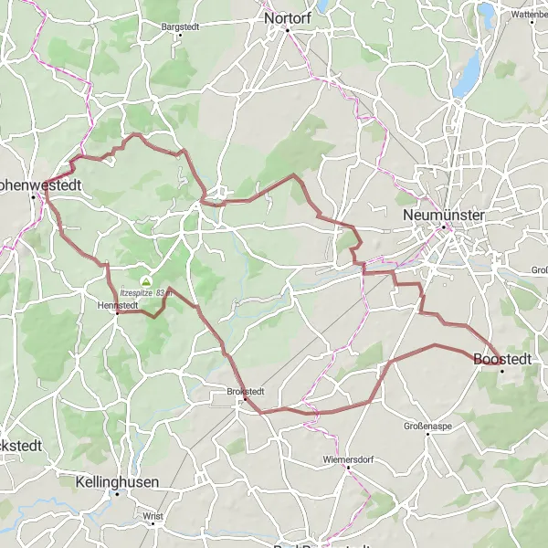 Map miniature of "Gravel Adventure to Boostedt" cycling inspiration in Schleswig-Holstein, Germany. Generated by Tarmacs.app cycling route planner