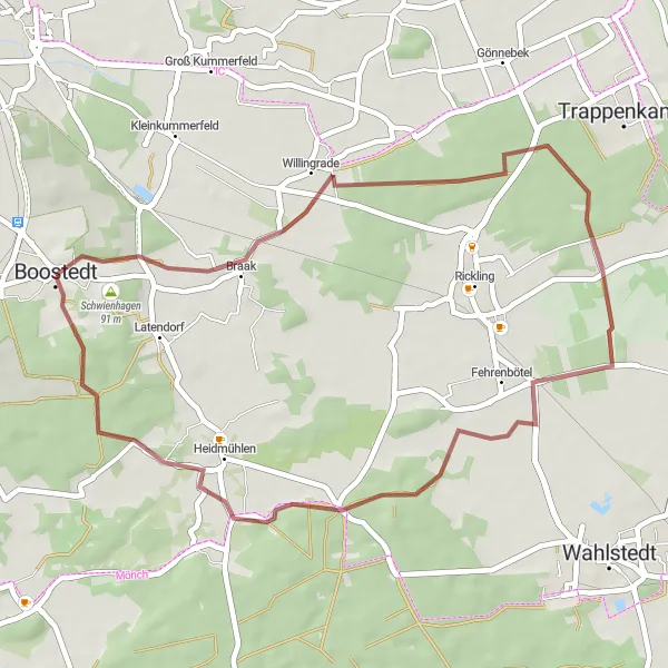 Map miniature of "Boostedt and Surrounding Countryside" cycling inspiration in Schleswig-Holstein, Germany. Generated by Tarmacs.app cycling route planner