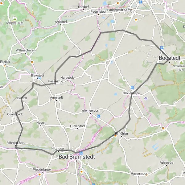 Map miniature of "Road Cycling Exploration: Bimöhlen-Bad Bramstedt-Boostedt" cycling inspiration in Schleswig-Holstein, Germany. Generated by Tarmacs.app cycling route planner