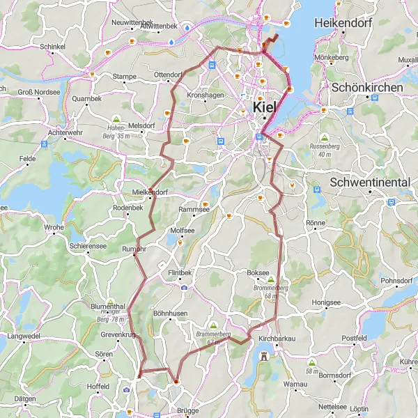 Map miniature of "The Gravel Roads of Bordesholm and Beyond" cycling inspiration in Schleswig-Holstein, Germany. Generated by Tarmacs.app cycling route planner