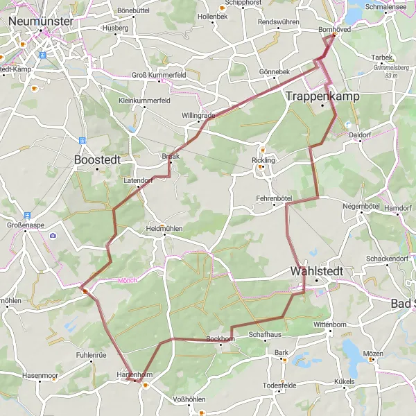 Map miniature of "Trappenkamp - Hartenholm - Gönnebek" cycling inspiration in Schleswig-Holstein, Germany. Generated by Tarmacs.app cycling route planner