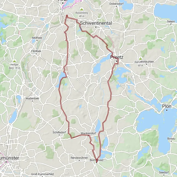 Map miniature of "Wankendorf to Bornhöved Gravel Cycling Route" cycling inspiration in Schleswig-Holstein, Germany. Generated by Tarmacs.app cycling route planner