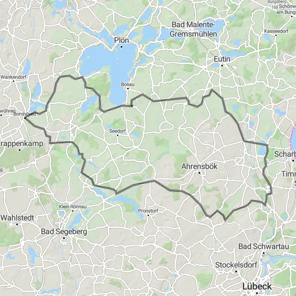 Karten-Miniaturansicht der Radinspiration "Herausfordernde Route durch die Seenlandschaft um Bornhöved" in Schleswig-Holstein, Germany. Erstellt vom Tarmacs.app-Routenplaner für Radtouren