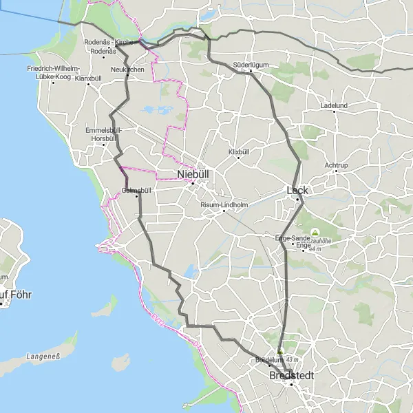 Karten-Miniaturansicht der Radinspiration "Abenteuerliche Tour nach Galmsbüll und Bargum" in Schleswig-Holstein, Germany. Erstellt vom Tarmacs.app-Routenplaner für Radtouren