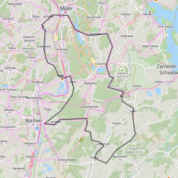 Karten-Miniaturansicht der Radinspiration "Mölln und zurück über Gallin" in Schleswig-Holstein, Germany. Erstellt vom Tarmacs.app-Routenplaner für Radtouren