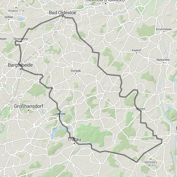 Map miniature of "Bad Oldesloe Loop" cycling inspiration in Schleswig-Holstein, Germany. Generated by Tarmacs.app cycling route planner