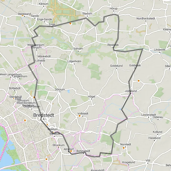 Map miniature of "The Stadum Loop" cycling inspiration in Schleswig-Holstein, Germany. Generated by Tarmacs.app cycling route planner