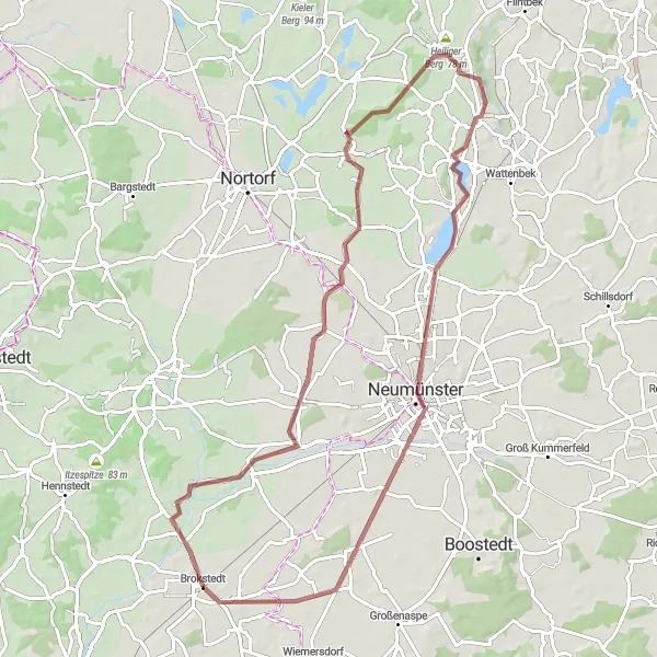 Karten-Miniaturansicht der Radinspiration "Rundweg durch Kuhberg und Neumünster" in Schleswig-Holstein, Germany. Erstellt vom Tarmacs.app-Routenplaner für Radtouren