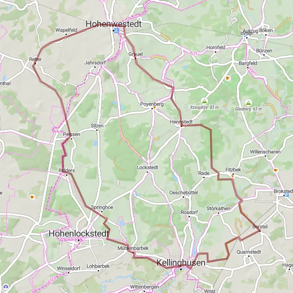 Karten-Miniaturansicht der Radinspiration "Gravel-Tour von Brokstedt nach Kellinghusen und zurück" in Schleswig-Holstein, Germany. Erstellt vom Tarmacs.app-Routenplaner für Radtouren