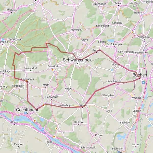 Map miniature of "Wiershop and Schwarzenbek Gravel Adventure" cycling inspiration in Schleswig-Holstein, Germany. Generated by Tarmacs.app cycling route planner