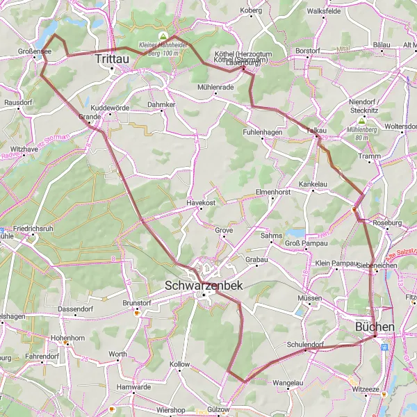 Map miniature of "Schwarzenbek and Hahnheider Turm" cycling inspiration in Schleswig-Holstein, Germany. Generated by Tarmacs.app cycling route planner