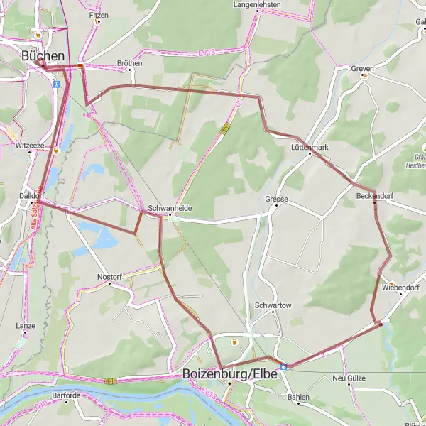 Map miniature of "Schwanheide and Dalldorf" cycling inspiration in Schleswig-Holstein, Germany. Generated by Tarmacs.app cycling route planner