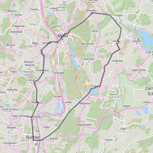 Map miniature of "Windberg and Büchen Circuit" cycling inspiration in Schleswig-Holstein, Germany. Generated by Tarmacs.app cycling route planner