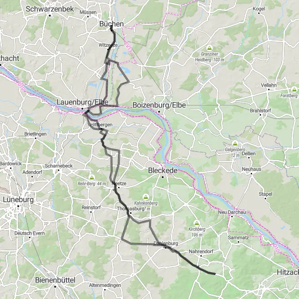 Map miniature of "Büchen and Nostorf Exploration" cycling inspiration in Schleswig-Holstein, Germany. Generated by Tarmacs.app cycling route planner