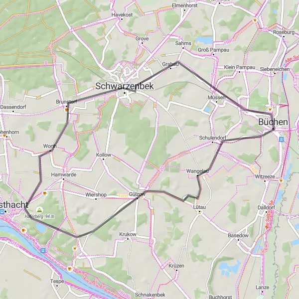 Map miniature of "Gülzow and Schwarzenbek Loop" cycling inspiration in Schleswig-Holstein, Germany. Generated by Tarmacs.app cycling route planner