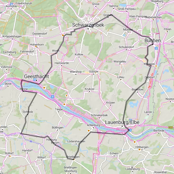 Map miniature of "Lauenburg/Elbe and Geesthacht" cycling inspiration in Schleswig-Holstein, Germany. Generated by Tarmacs.app cycling route planner