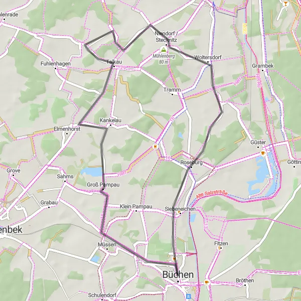 Map miniature of "The Büchen Loop" cycling inspiration in Schleswig-Holstein, Germany. Generated by Tarmacs.app cycling route planner