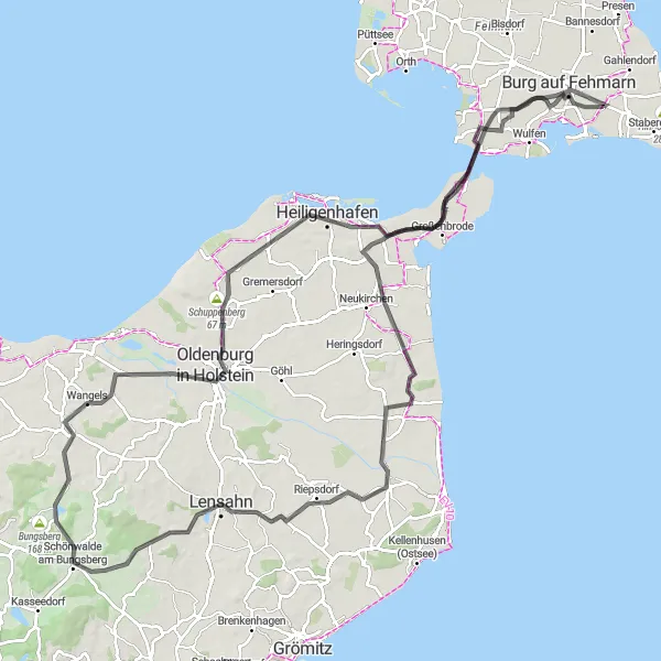 Map miniature of "Fehmarn Coastline Adventure: Burg auf Fehmarn to Strukkamp" cycling inspiration in Schleswig-Holstein, Germany. Generated by Tarmacs.app cycling route planner