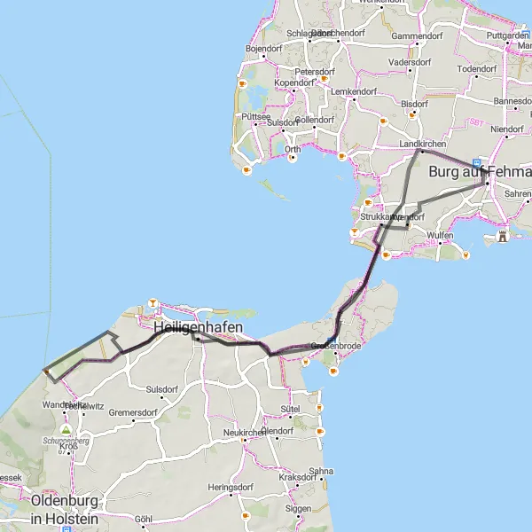 Map miniature of "Coastal Delights: Road Cycling from Burg auf Fehmarn to Landkirchen" cycling inspiration in Schleswig-Holstein, Germany. Generated by Tarmacs.app cycling route planner