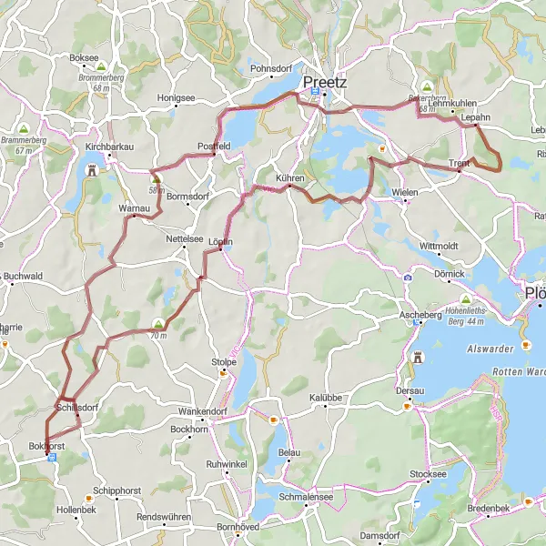 Map miniature of "Kührener Teiche Gravel Cycling Route" cycling inspiration in Schleswig-Holstein, Germany. Generated by Tarmacs.app cycling route planner