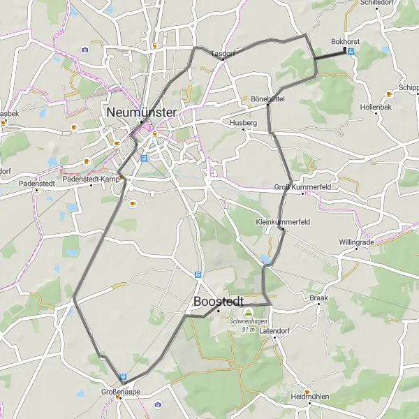 Map miniature of "Busdorf to Neumünster Road Cycling Route" cycling inspiration in Schleswig-Holstein, Germany. Generated by Tarmacs.app cycling route planner