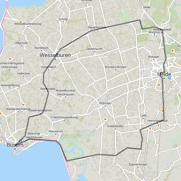 Map miniature of "The Büsum Loop" cycling inspiration in Schleswig-Holstein, Germany. Generated by Tarmacs.app cycling route planner