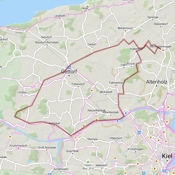 Karten-Miniaturansicht der Radinspiration "Gemütliche Graveltour durch Altwittenbek und Gettorf" in Schleswig-Holstein, Germany. Erstellt vom Tarmacs.app-Routenplaner für Radtouren