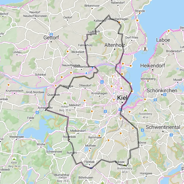 Map miniature of "Kiel and Flintbek Loop" cycling inspiration in Schleswig-Holstein, Germany. Generated by Tarmacs.app cycling route planner