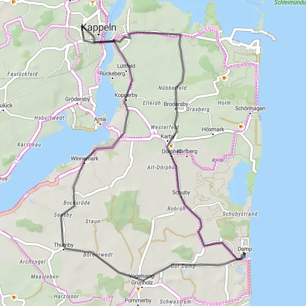 Map miniature of "Thumby and Arnis Route" cycling inspiration in Schleswig-Holstein, Germany. Generated by Tarmacs.app cycling route planner