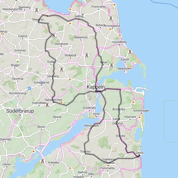 Map miniature of "Niesgrau and Oersberg Ride" cycling inspiration in Schleswig-Holstein, Germany. Generated by Tarmacs.app cycling route planner