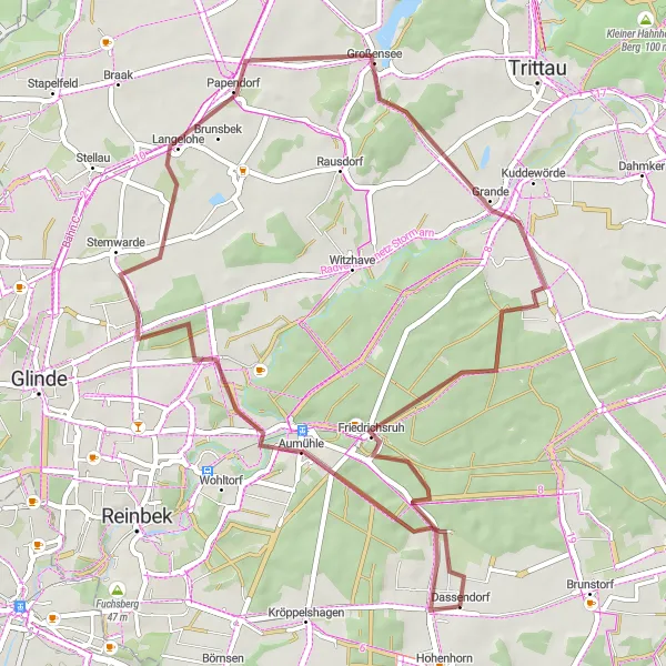 Map miniature of "Exploring Gravel Paths around Dassendorf" cycling inspiration in Schleswig-Holstein, Germany. Generated by Tarmacs.app cycling route planner