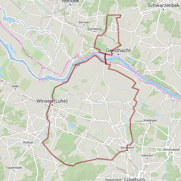 Map miniature of "Tranquil Gravel Ride through Tespe and Dönnsenberg" cycling inspiration in Schleswig-Holstein, Germany. Generated by Tarmacs.app cycling route planner