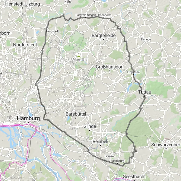Map miniature of "Challenging Ride to Horn and Kayhude" cycling inspiration in Schleswig-Holstein, Germany. Generated by Tarmacs.app cycling route planner