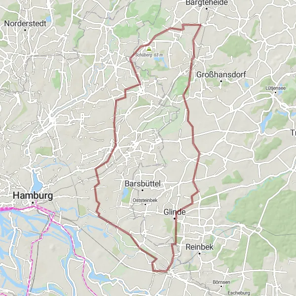 Map miniature of "Glinde and Delingsdorf Gravel Ride" cycling inspiration in Schleswig-Holstein, Germany. Generated by Tarmacs.app cycling route planner